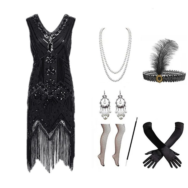 Women Accessories Kit - Damen 1920er Jahre Flapper-Kleid-Set Retro Perlen-Pailletten-Fransen-Kleid