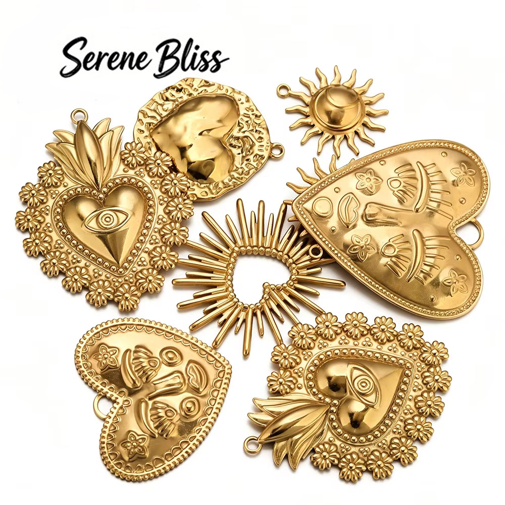 Statement Earrings Oversized - 5 Stück 304 Edelstahl Sonnen-Herz-Anhänger, vergoldet